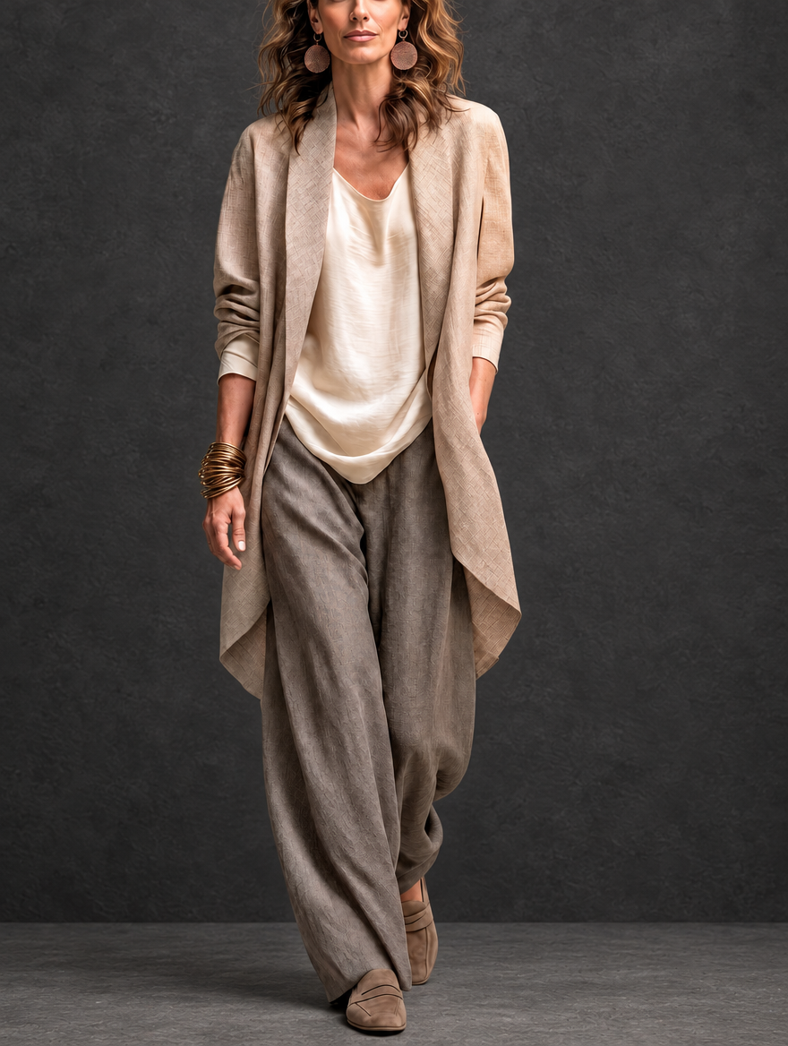 Costanza — Completo Tre Pezzi Beige e Grigio con Pantaloni Palazzo