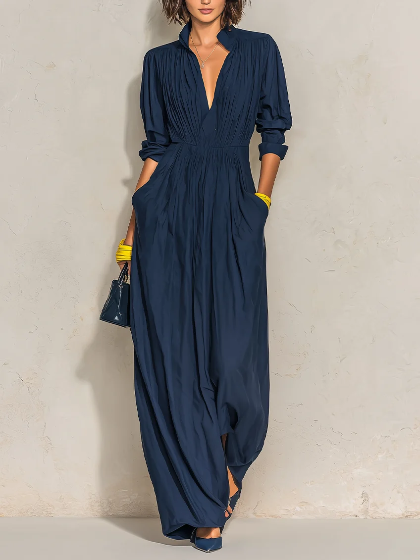 Daniela — Abito Maxi Plissé Blu Navy con Scollo a V