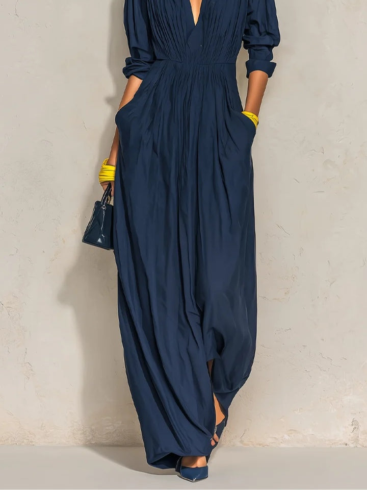 Daniela — Abito Maxi Plissé Blu Navy con Scollo a V