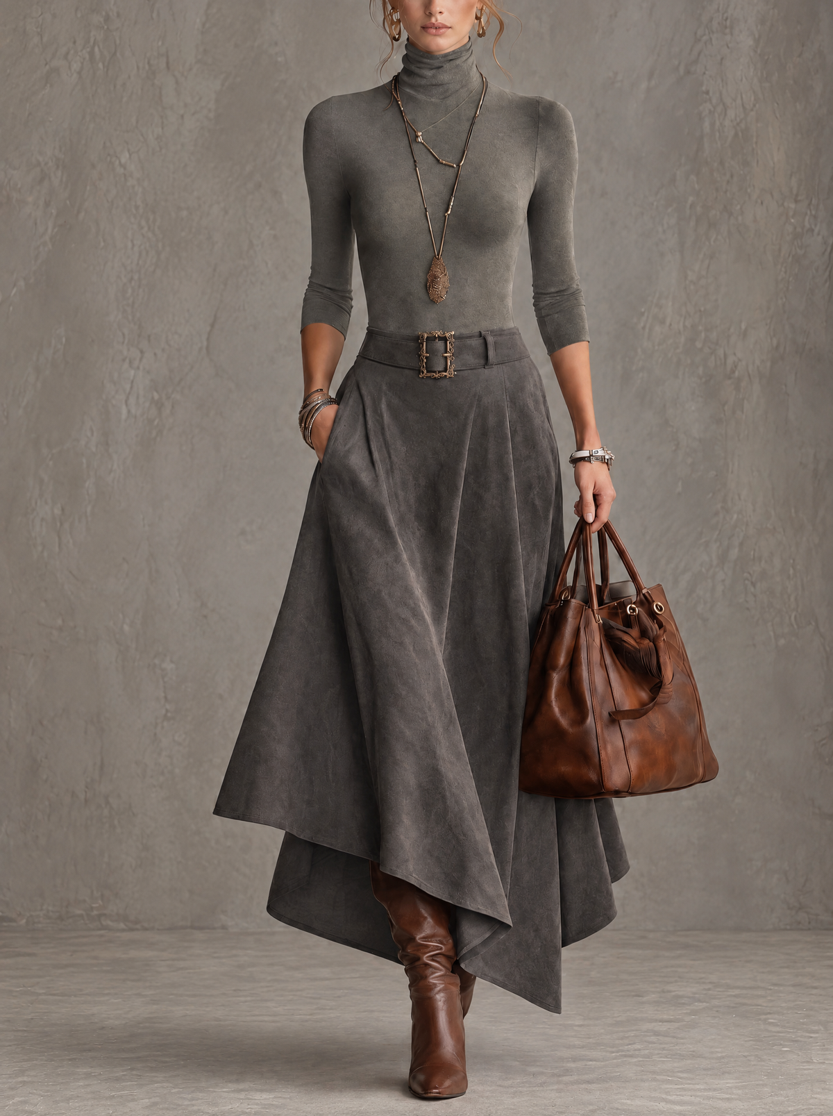 Francesca — Completo Grigio con Collo Alto e Gonna Midi Asimmetrica