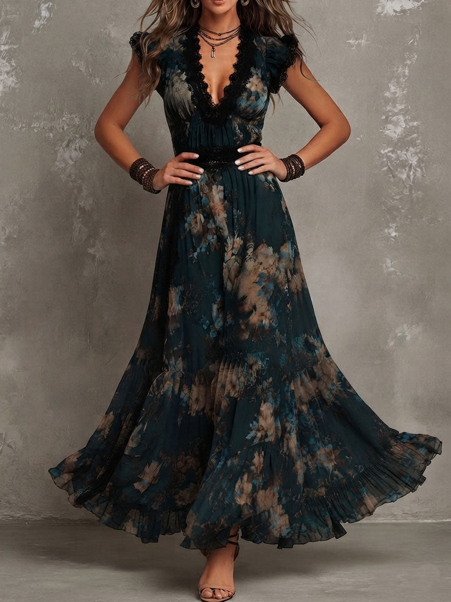 Lucia — Abito Lungo Verde Scuro con Pizzo Floreale