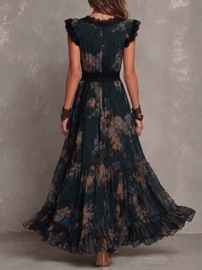 Lucia — Abito Lungo Verde Scuro con Pizzo Floreale