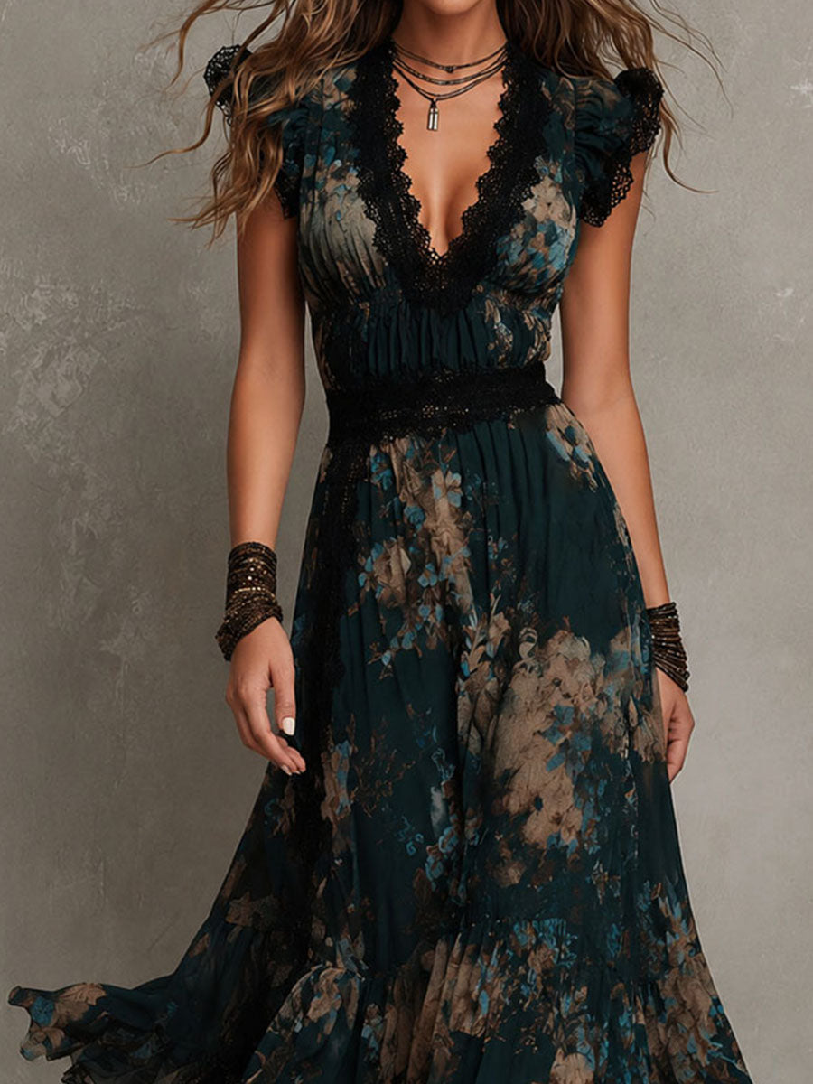 Lucia — Abito Lungo Verde Scuro con Pizzo Floreale