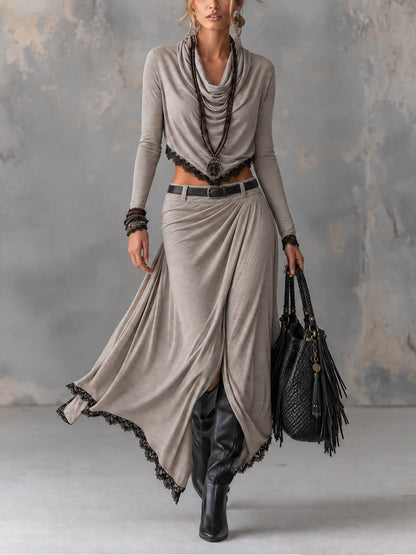 Michela — Completo Grigio con Scollo Drappeggiato e Gonna con Spacco