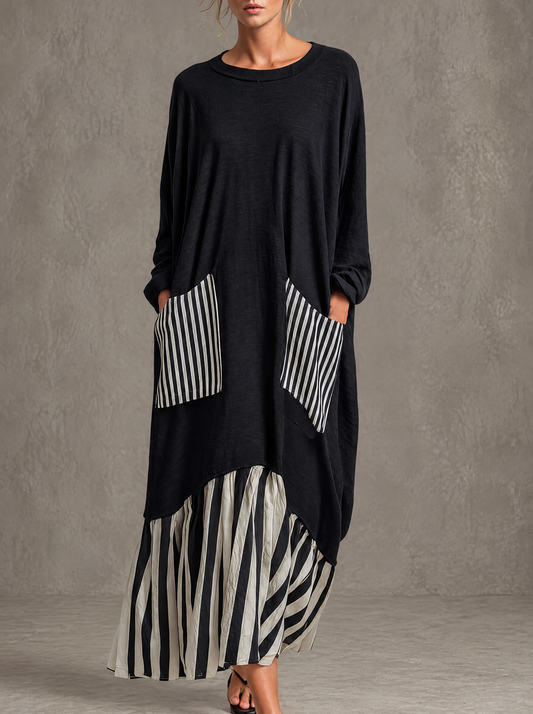 Stefania — Abito Lungo Oversize Nero con Righe Patchwork