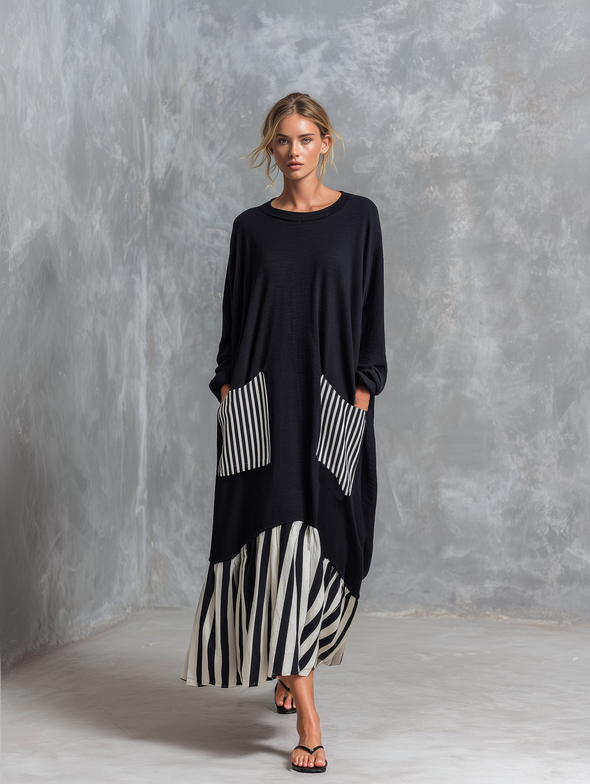 Stefania — Abito Lungo Oversize Nero con Righe Patchwork