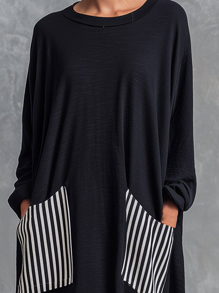 Stefania — Abito Lungo Oversize Nero con Righe Patchwork