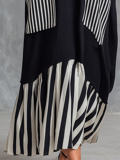 Stefania — Abito Lungo Oversize Nero con Righe Patchwork