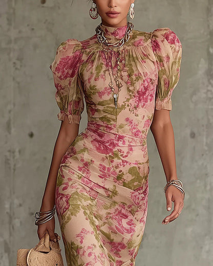 Rosalina | Abito Lungo Stampa Rose Vintage, Rosa