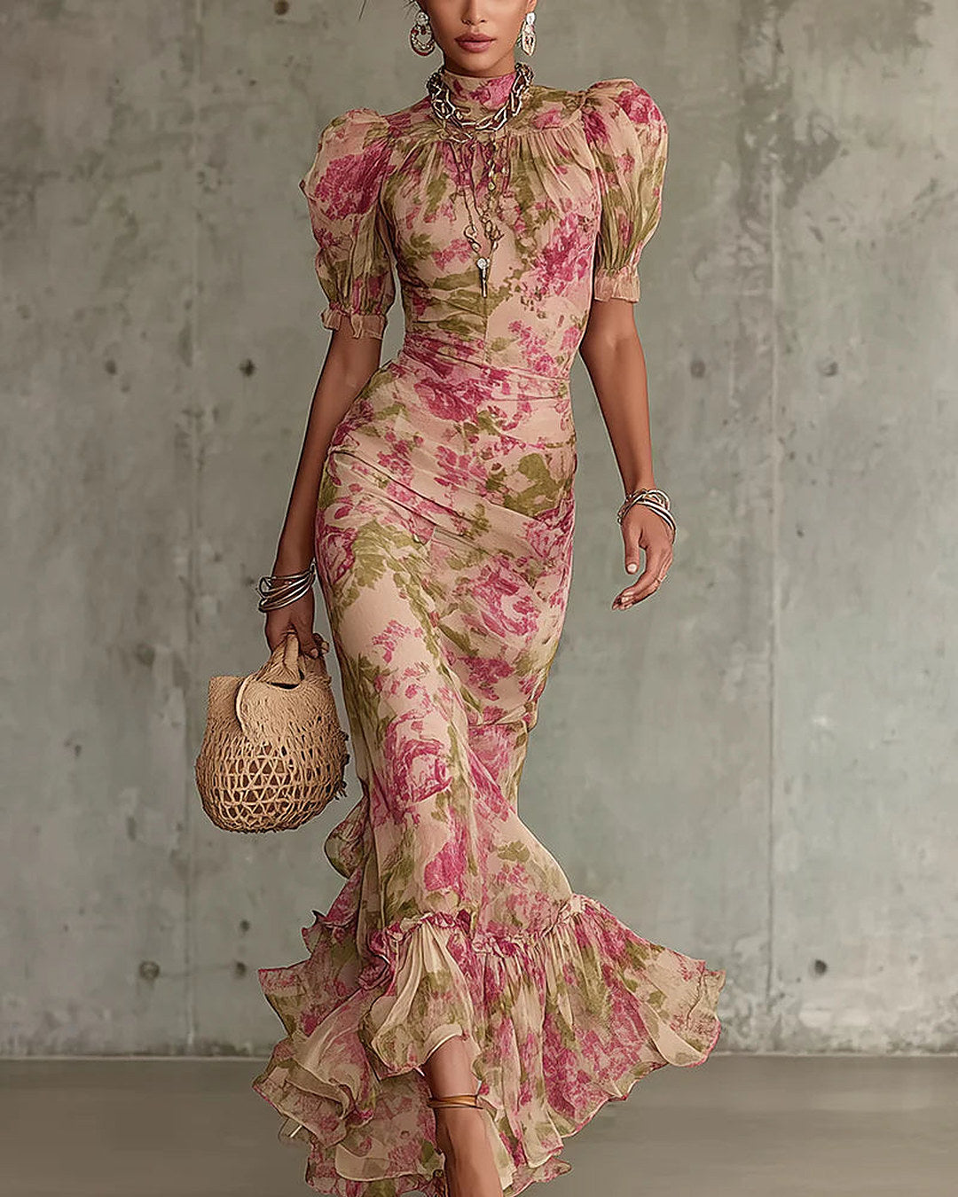 Rosalina | Abito Lungo Stampa Rose Vintage, Rosa