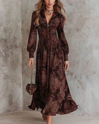Arianna | Abito Lungo Paisley con Vita Segnata, Marrone