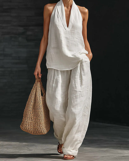 Zoe | Completo con Top Allacciato al Collo e Pantalone a Gamba Larga, Bianco