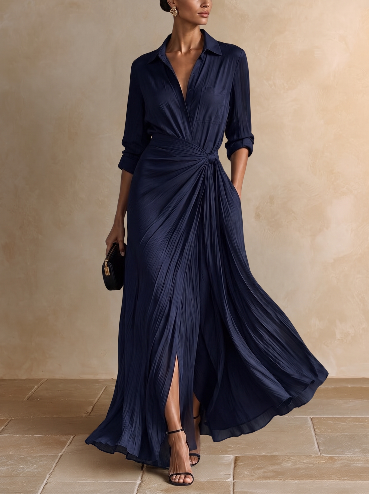 Allegra | Maxi-Hemdblusenkleid mit Taillenknoten, Marineblau