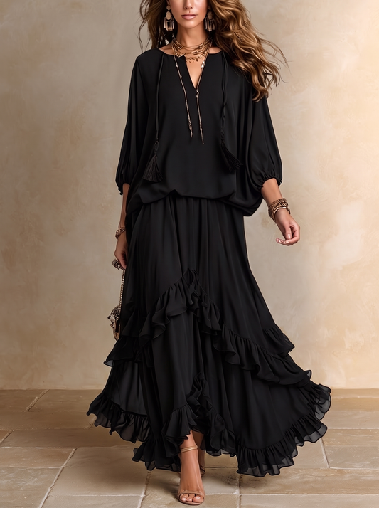 Annalisa | Chiffon-Top und Stufenrock-Set, Schwarz