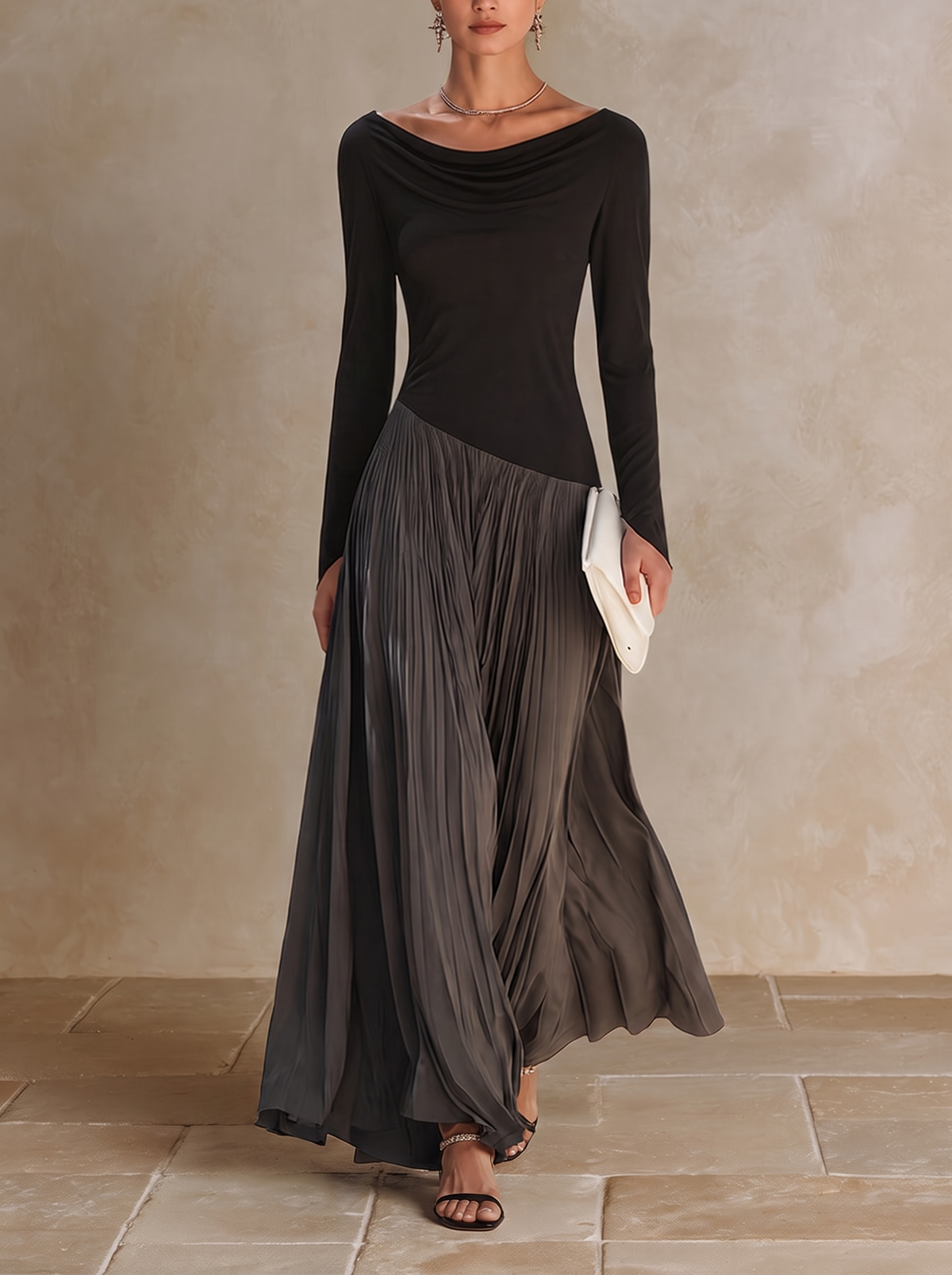 Virginia | Abito Maxi Plissé con Collo Drappeggiato, Nero e Grigio