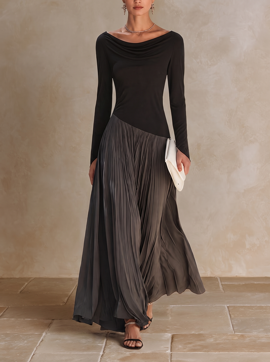 Virginia | Maxikleid mit Plisseefalten und Wasserfallkragen, Schwarz und Grau