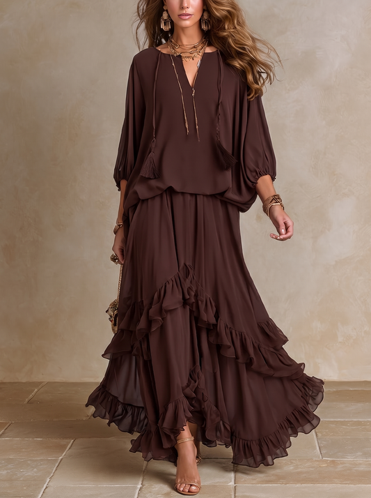 Dalila | Chiffon-Top-Set mit Stufenrock, Schokolade