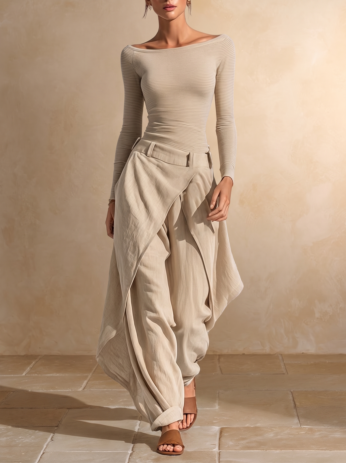 Orsola | Set aus U-Boot-Ausschnitt-Top und Lagen-Hose, Beige