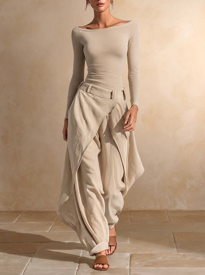 Orsola | Set aus U-Boot-Ausschnitt-Top und Lagen-Hose, Beige