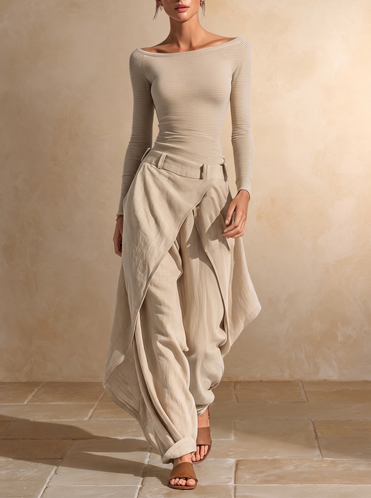 Orsola | Set aus U-Boot-Ausschnitt-Top und Lagen-Hose, Beige