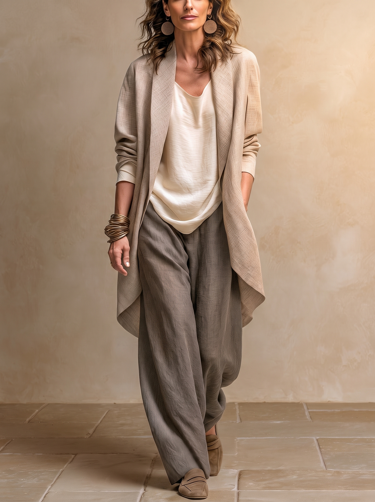 Flaminia | Completo Tre Pezzi con Pantalone Palazzo, Beige e Grigio
