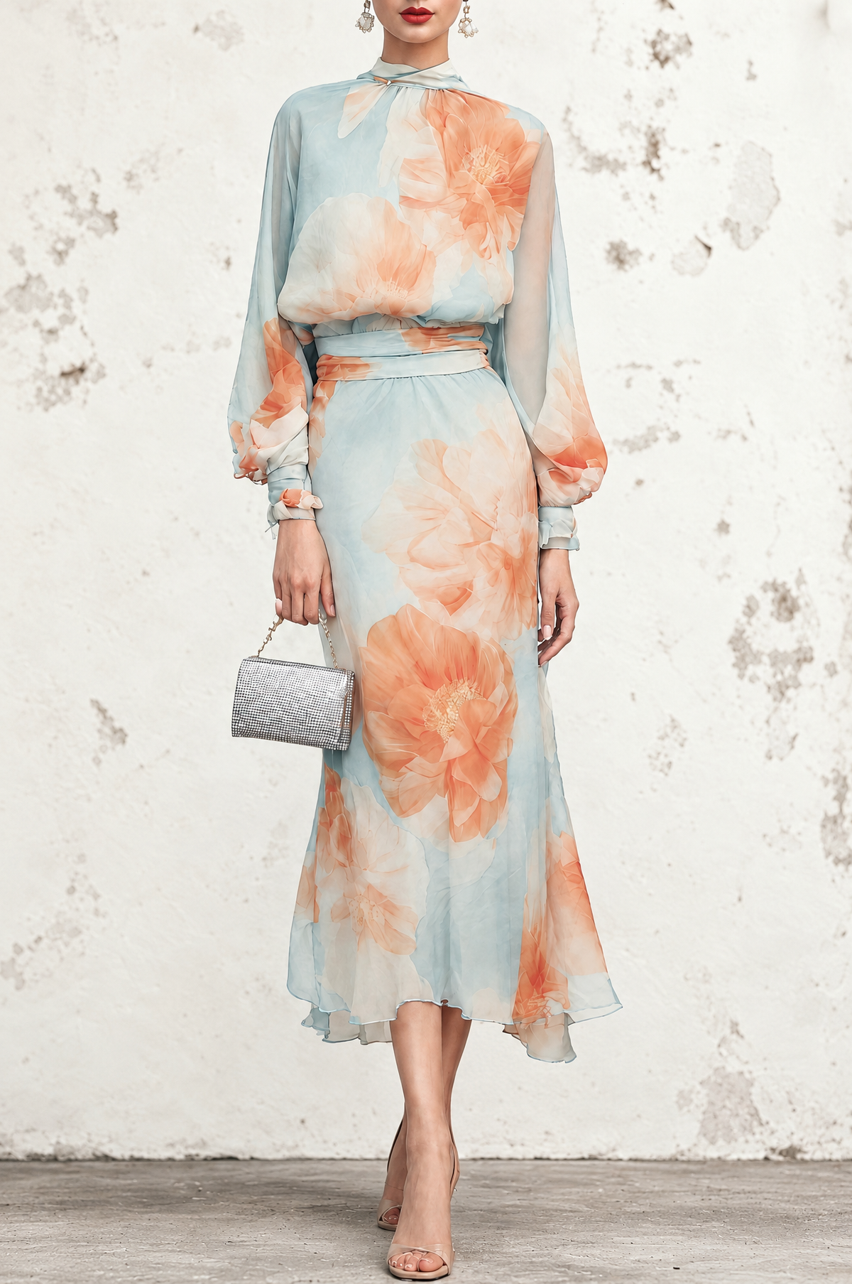 Emilia | Completo di due pezzi: top a collo alto e manica lunga con gonna floreale romantica