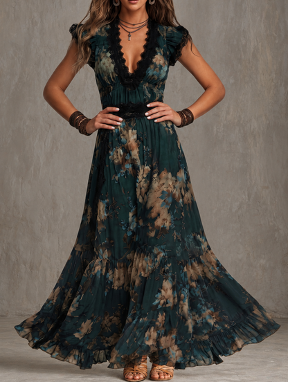 Lucia | Abito lungo in chiffon vintage verde scuro con pizzo floreale