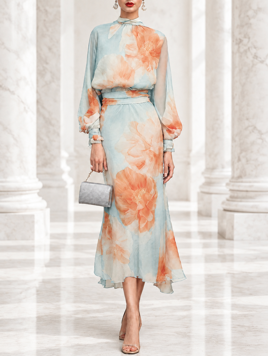 Emilia | Completo di due pezzi: top a collo alto e manica lunga con gonna floreale romantica