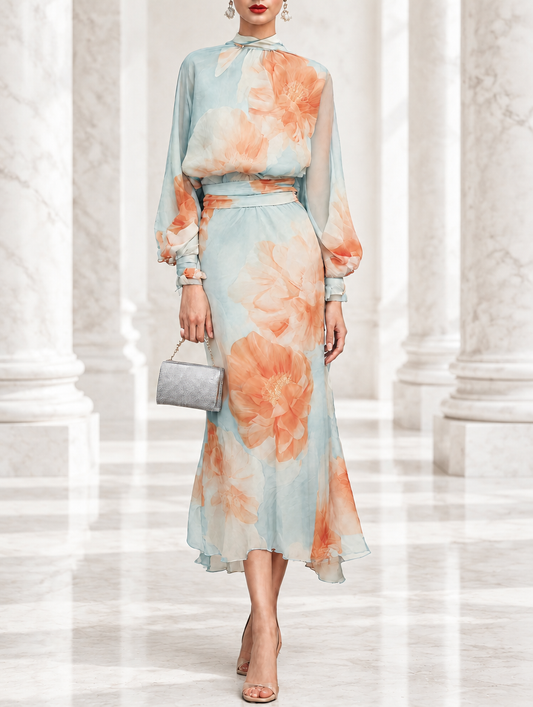 Emilia | Completo di due pezzi: top a collo alto e manica lunga con gonna floreale romantica