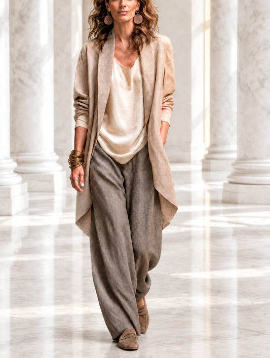 Costanza | Completo Elegante di Tre Pezzi in Beige e Grigio con Pantaloni Palazzo a Strati
