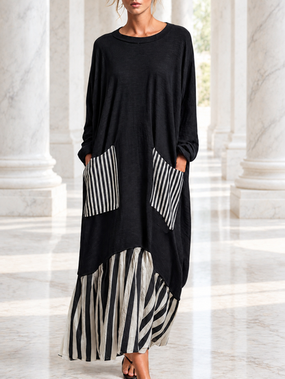 Stefania | Vestito lungo oversize in cotone nero con righe stile patchwork