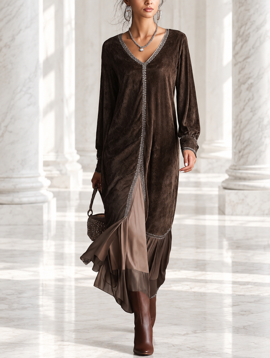 Teresa | Vestito midi svasato in suede sintetico con scollo a V e dettaglio di rifinitura