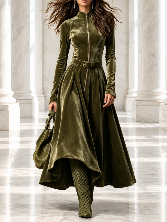 Raffaella | Vestito lungo in velluto verde oliva con zip frontale in stile vintage (cintura inclusa)