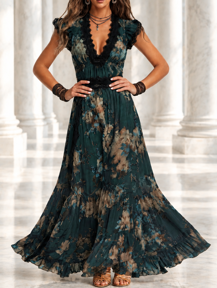 Lucia | Abito lungo in chiffon vintage verde scuro con pizzo floreale