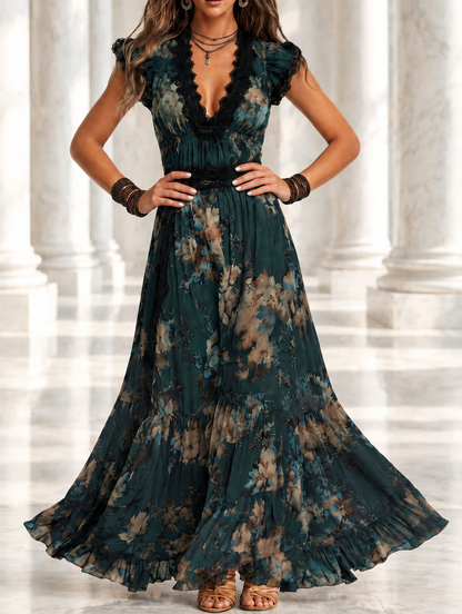 Lucia | Abito lungo in chiffon vintage verde scuro con pizzo floreale