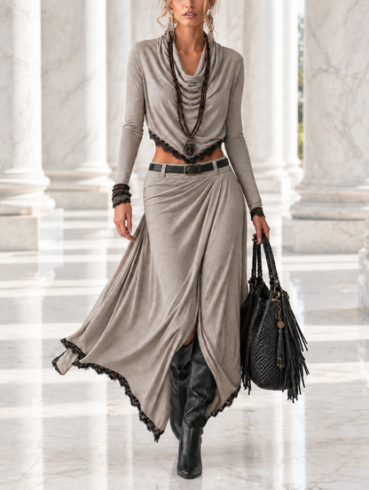 Michela | Completo di top corto elastico con collo drappeggiato grigio e gonna lunga con spacco (cintura inclusa)