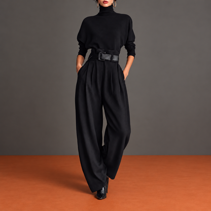 Jolanda | Completo Dolcevita e Pantalone con Cintura, Nero — sfondo grigio e terracotta