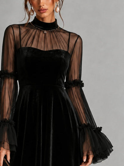 Berenice | Abito Midi in Velluto con Maniche in Tulle, Nero