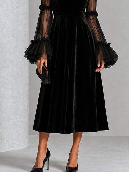Berenice | Abito Midi in Velluto con Maniche in Tulle, Nero