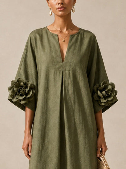 Floriana | Abito Midi con Fiori Applicati sulle Maniche, Verde Oliva