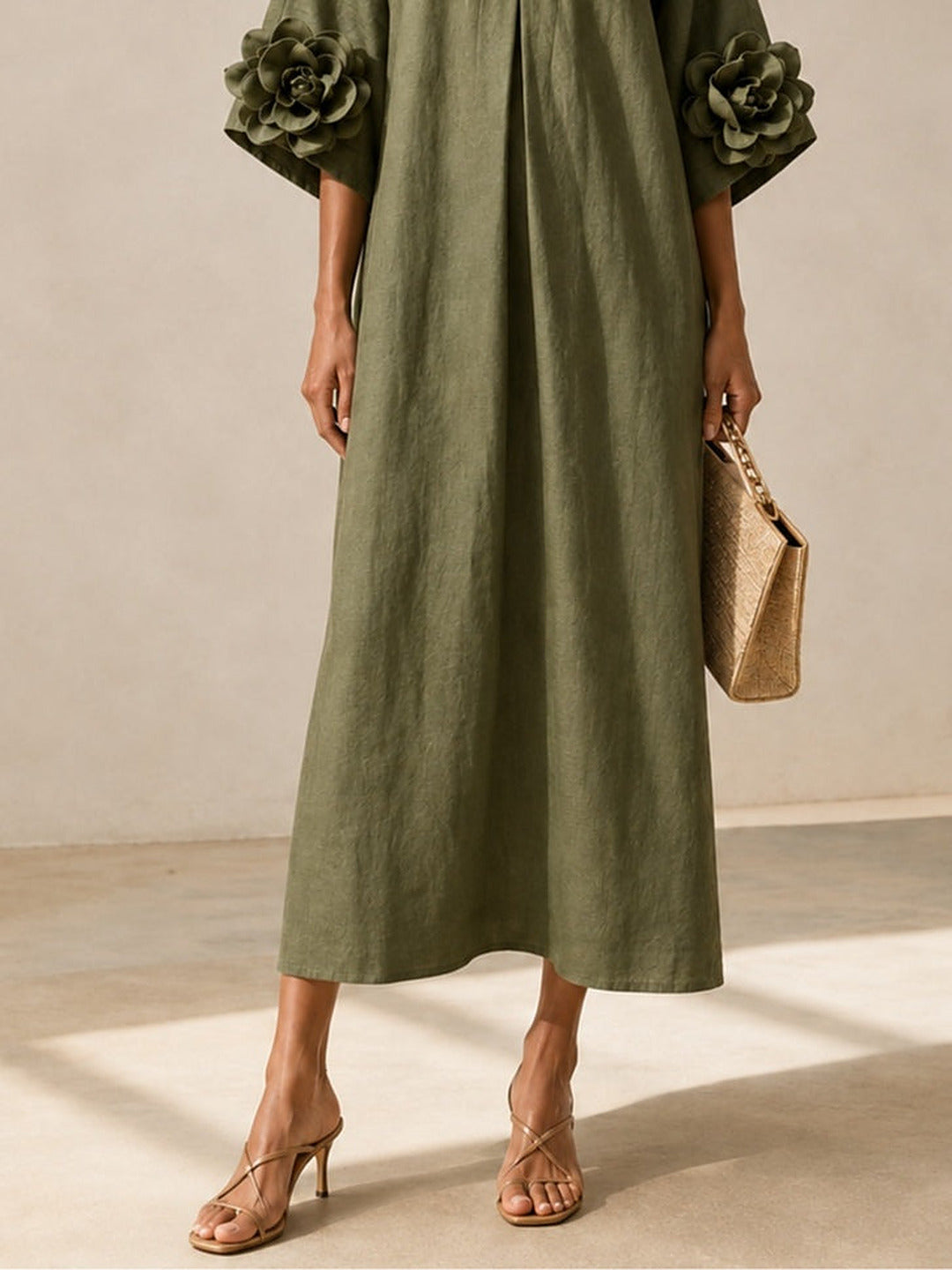 Floriana | Abito Midi con Fiori Applicati sulle Maniche, Verde Oliva
