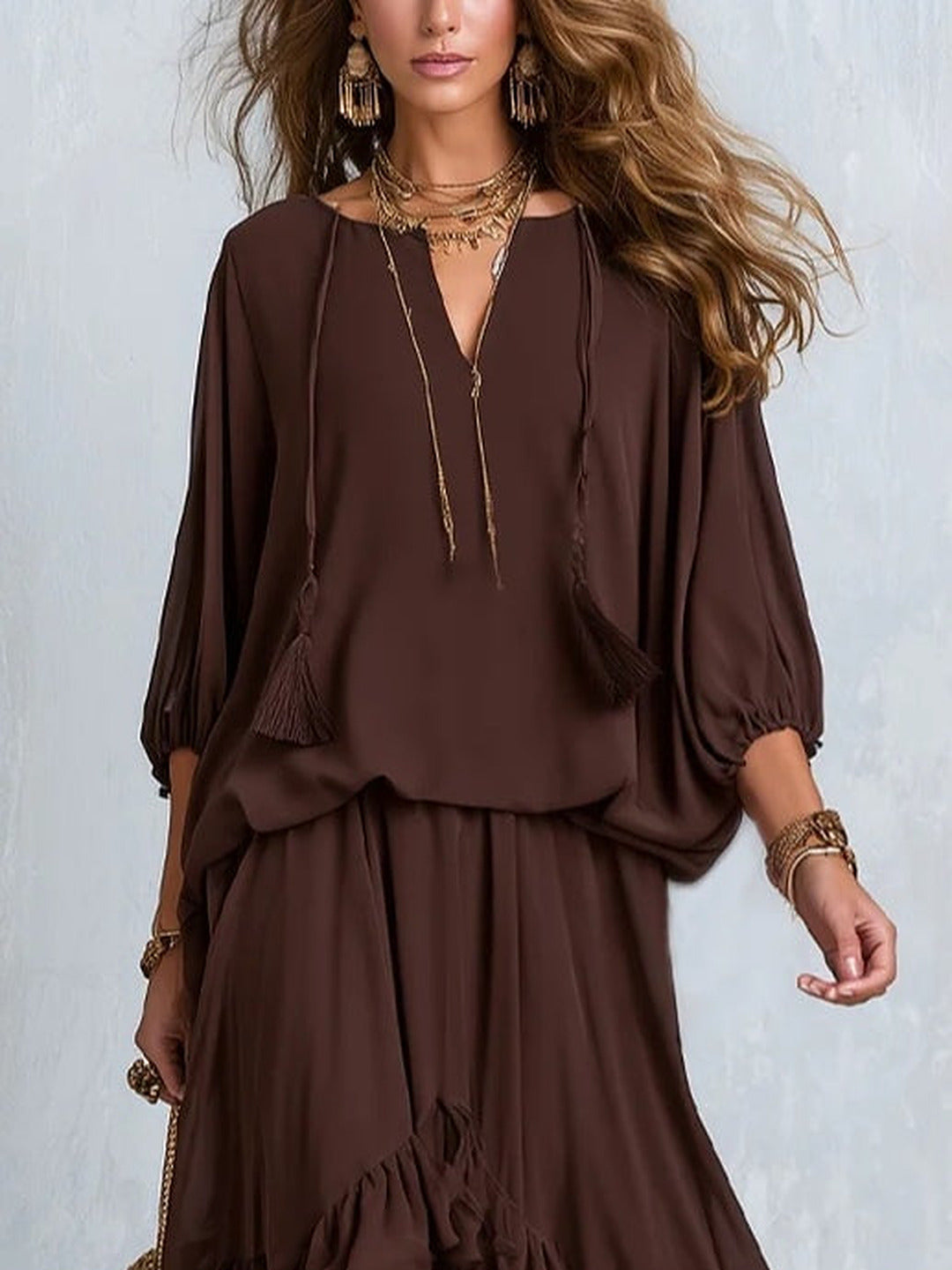 Dalila | Completo Top in Chiffon e Gonna a Balze, Cioccolato
