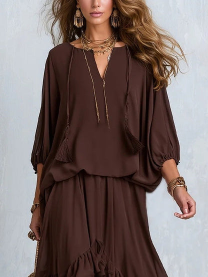 Dalila | Completo Top in Chiffon e Gonna a Balze, Cioccolato