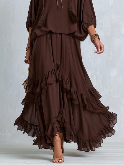 Dalila | Completo Top in Chiffon e Gonna a Balze, Cioccolato