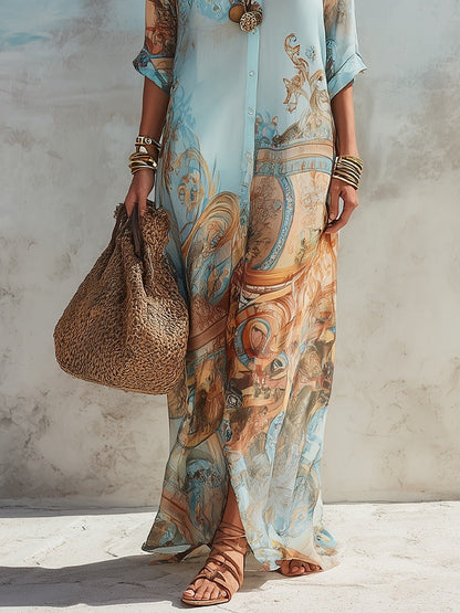 Velia | Maxi-Hemdblusenkleid aus Chiffon mit Paisley-Print, Hellblau