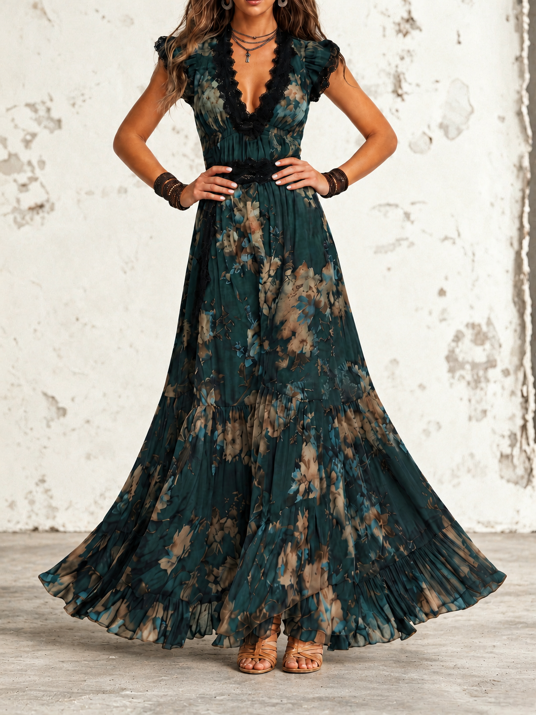 Lucia | Abito lungo in chiffon vintage verde scuro con pizzo floreale