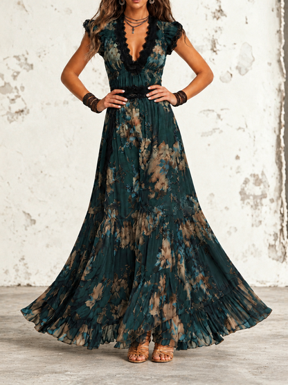 Lucia | Abito lungo in chiffon vintage verde scuro con pizzo floreale