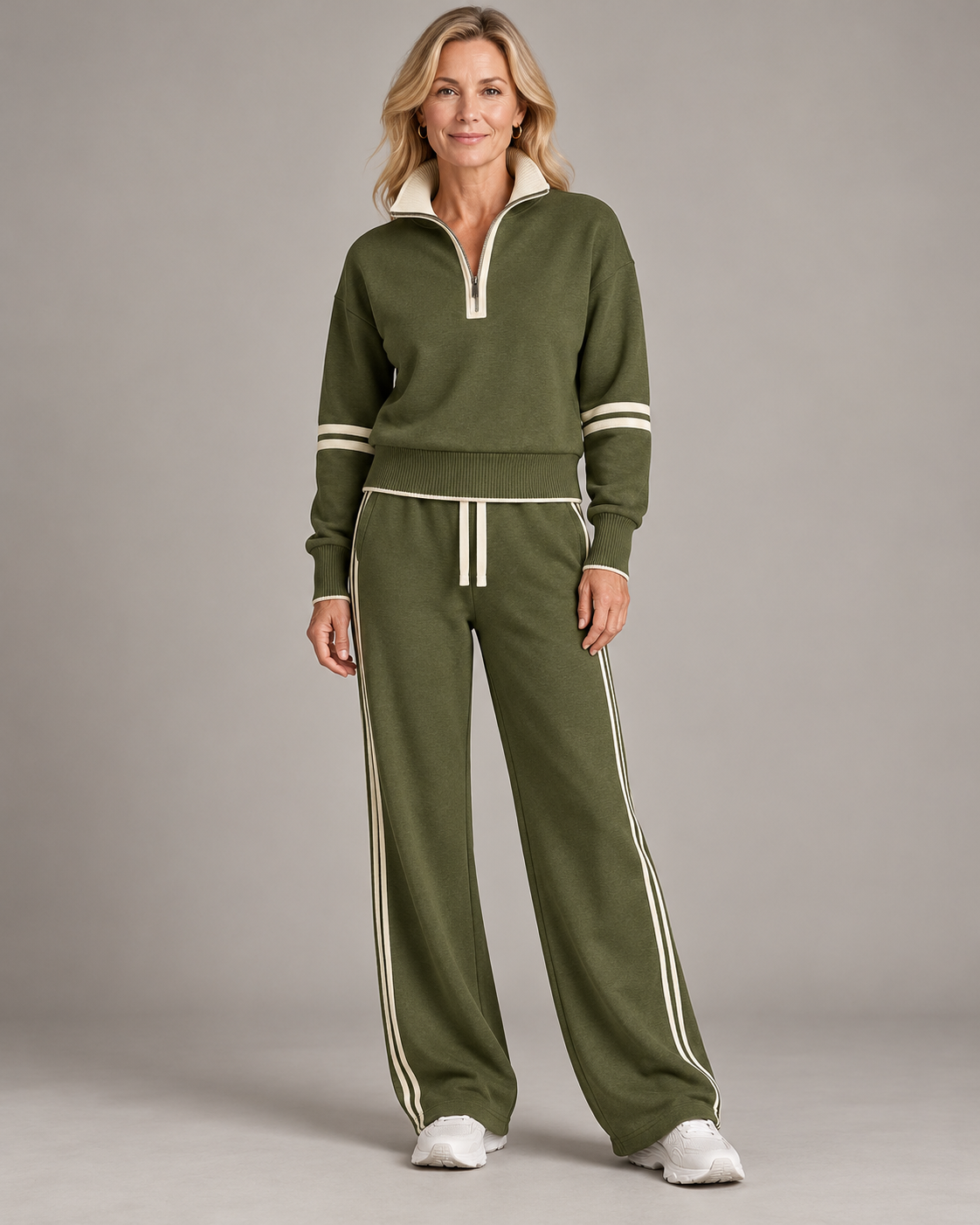 Completo con mezza zip — Verde oliva e avorio — vista frontale