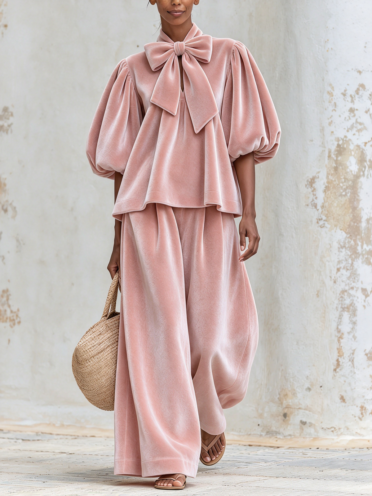 Rosalia — completo rosa cipria con blusa a fiocco e pantaloni ampi