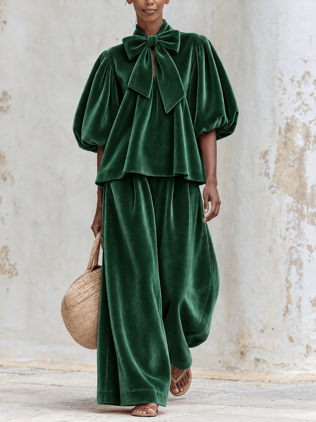 Rosalia — completo verde bosco con fiocco e pantaloni ampi